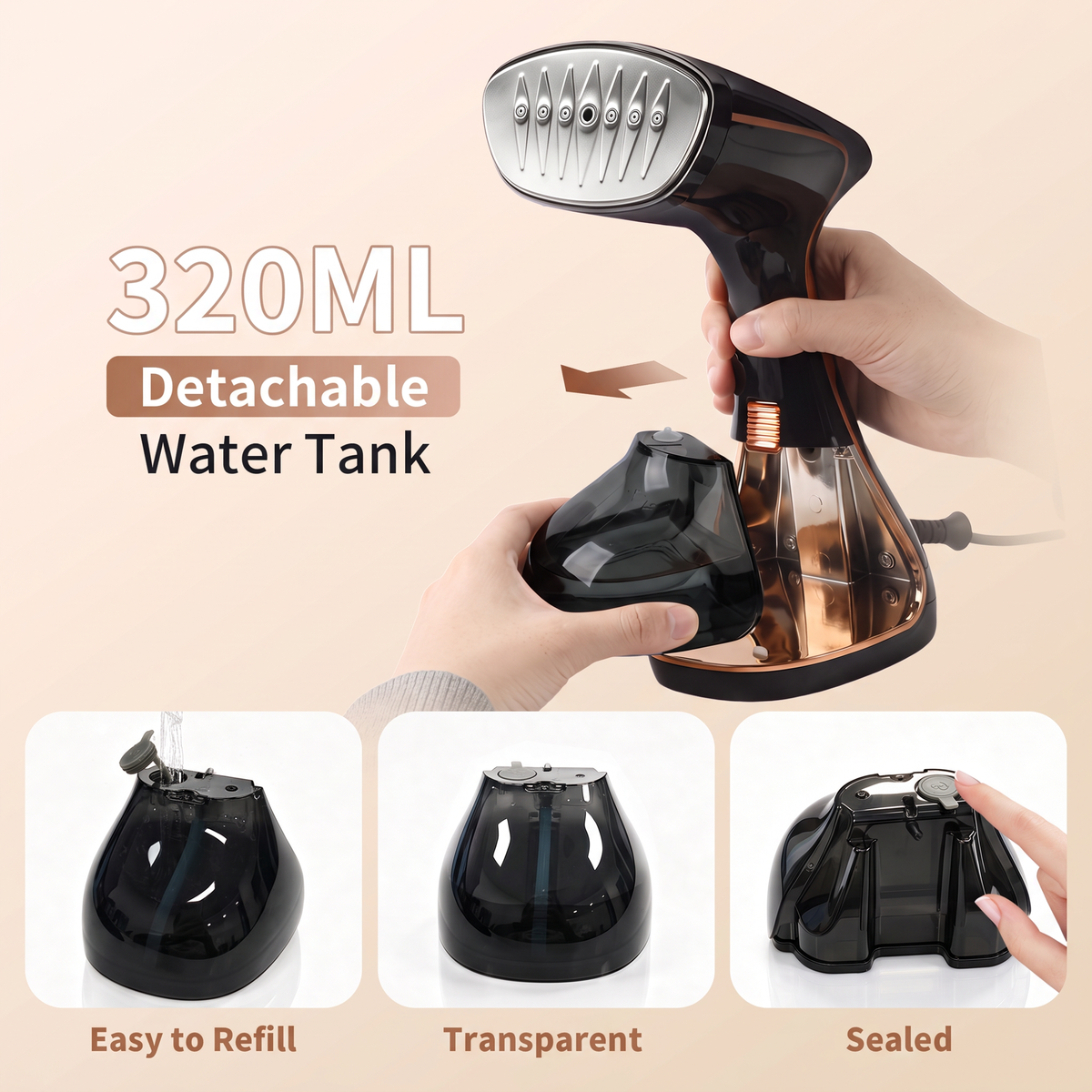 Clothes Steamer Handheld with Brush, 1430W Turbo Steam, 320ml Large Capacity Detachable Water Tank for Travel-Friendly, Clothes, Curtains & Fabrics, 3-Speed Steam Level for Home & Travel