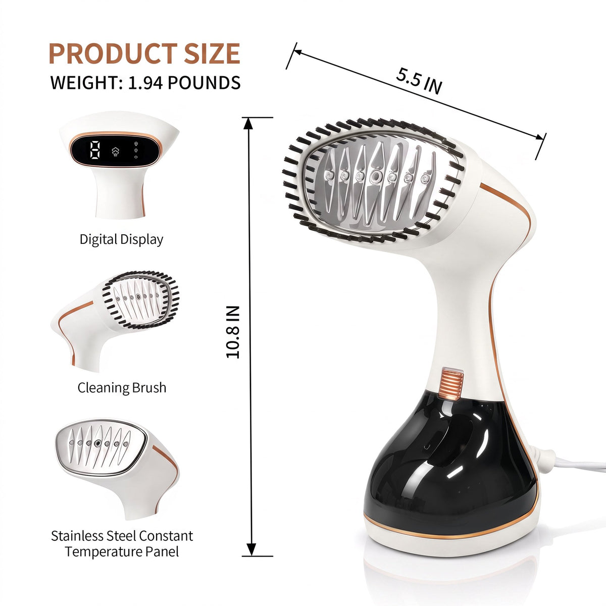 Clothes Steamer Handheld with Brush, 1430W Turbo Steam, 320ml Large Capacity Detachable Water Tank for Travel-Friendly, Clothes, Curtains & Fabrics, 3-Speed Steam Level for Home & Travel