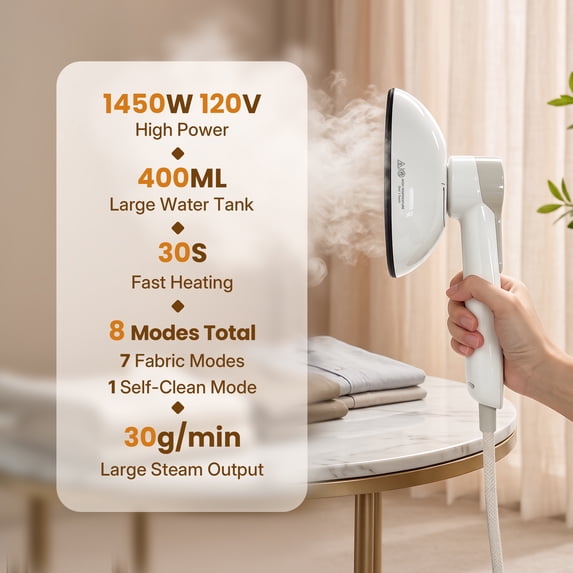 Venuezy Garment Steamer for Clothes - 1450W Power Steam,400ml Tank,30s Fast Heat,30 Mins Steam,8 Modes,LED Display,90°Rotating Head,Self-Cleaning,Easy Storage,Anti-Drip,Large Panel for Home,Business