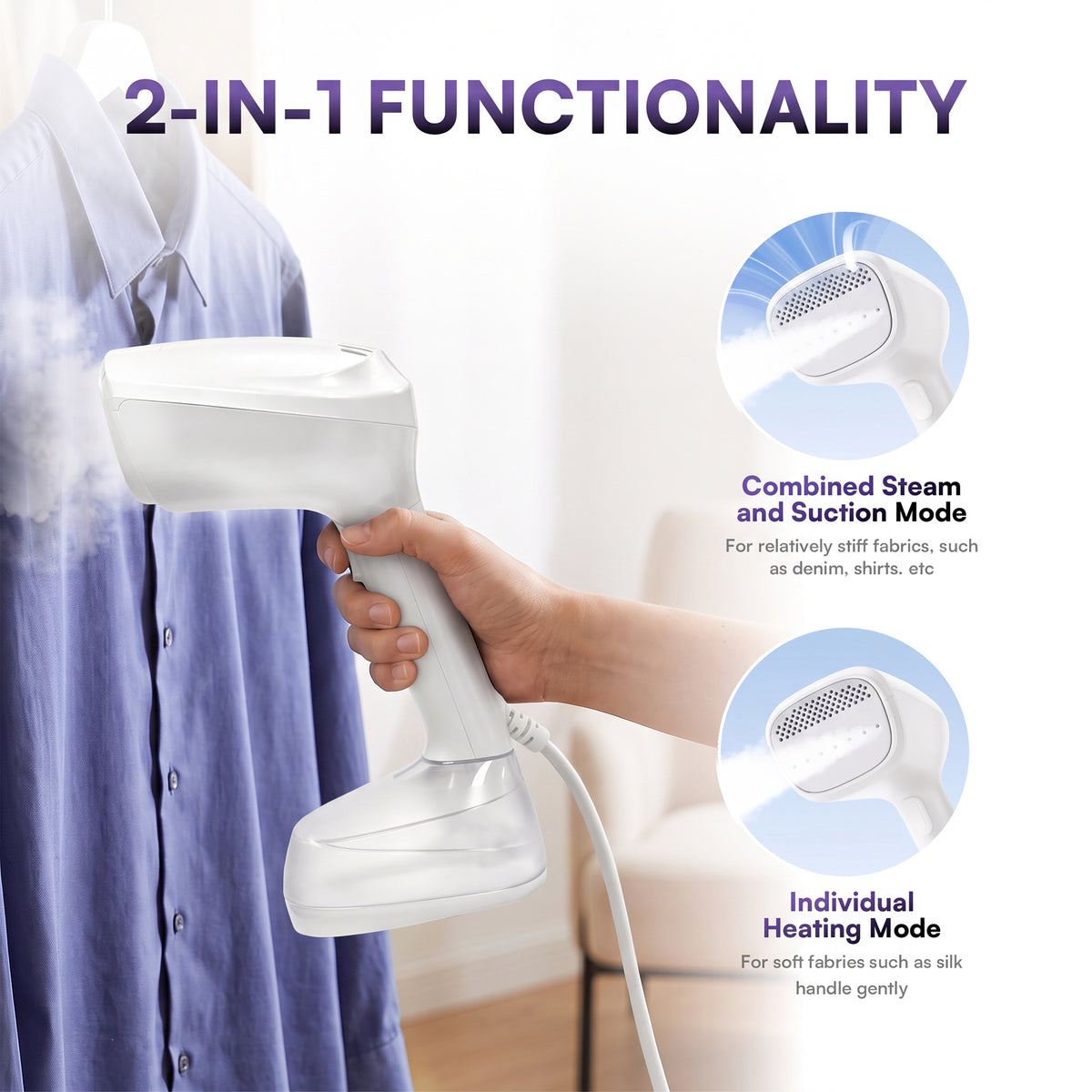 Venuezy Steamer for Clothes, Handheld Clothes Steamer, 1200W Strong Power Garment Steamer with 400ml Tank, Fast Heat-up, Portable Fabric Steam Iron Fabric Wrinkle Remover for Travel, Home