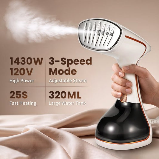 Clothes Steamer Handheld with Brush, 1430W Turbo Steam, 320ml Large Capacity Detachable Water Tank for Travel-Friendly, Clothes, Curtains & Fabrics, 3-Speed Steam Level for Home & Travel
