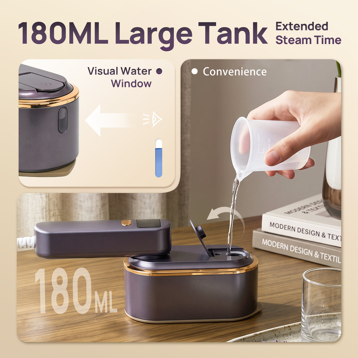 Venuezy Travel Steamer for Clothes, 2 in 1 Travel Steam Iron, Clothes Steamer Handheld with 180ml Water Tank, 20 Seconds Fast Heating, Quick Wrinkle Removal, LCD Display, Ceramic Heating Panel