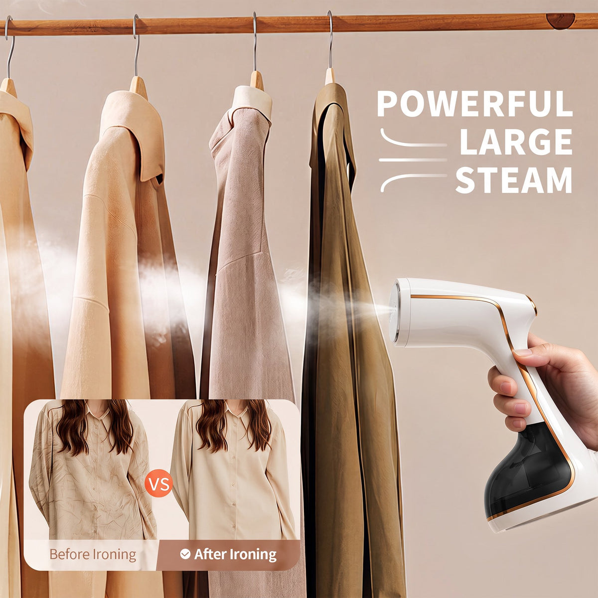 Clothes Steamer Handheld with Brush, 1430W Turbo Steam, 320ml Large Capacity Detachable Water Tank for Travel-Friendly, Clothes, Curtains & Fabrics, 3-Speed Steam Level for Home & Travel
