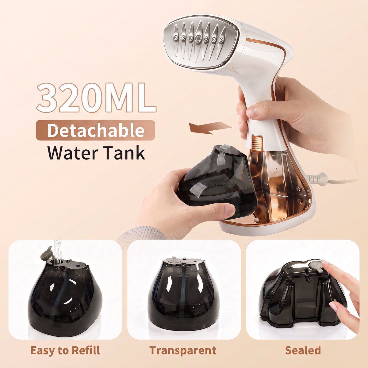 Clothes Steamer Handheld with Brush, 1430W Turbo Steam, 320ml Large Capacity Detachable Water Tank for Travel-Friendly, Clothes, Curtains & Fabrics, 3-Speed Steam Level for Home & Travel