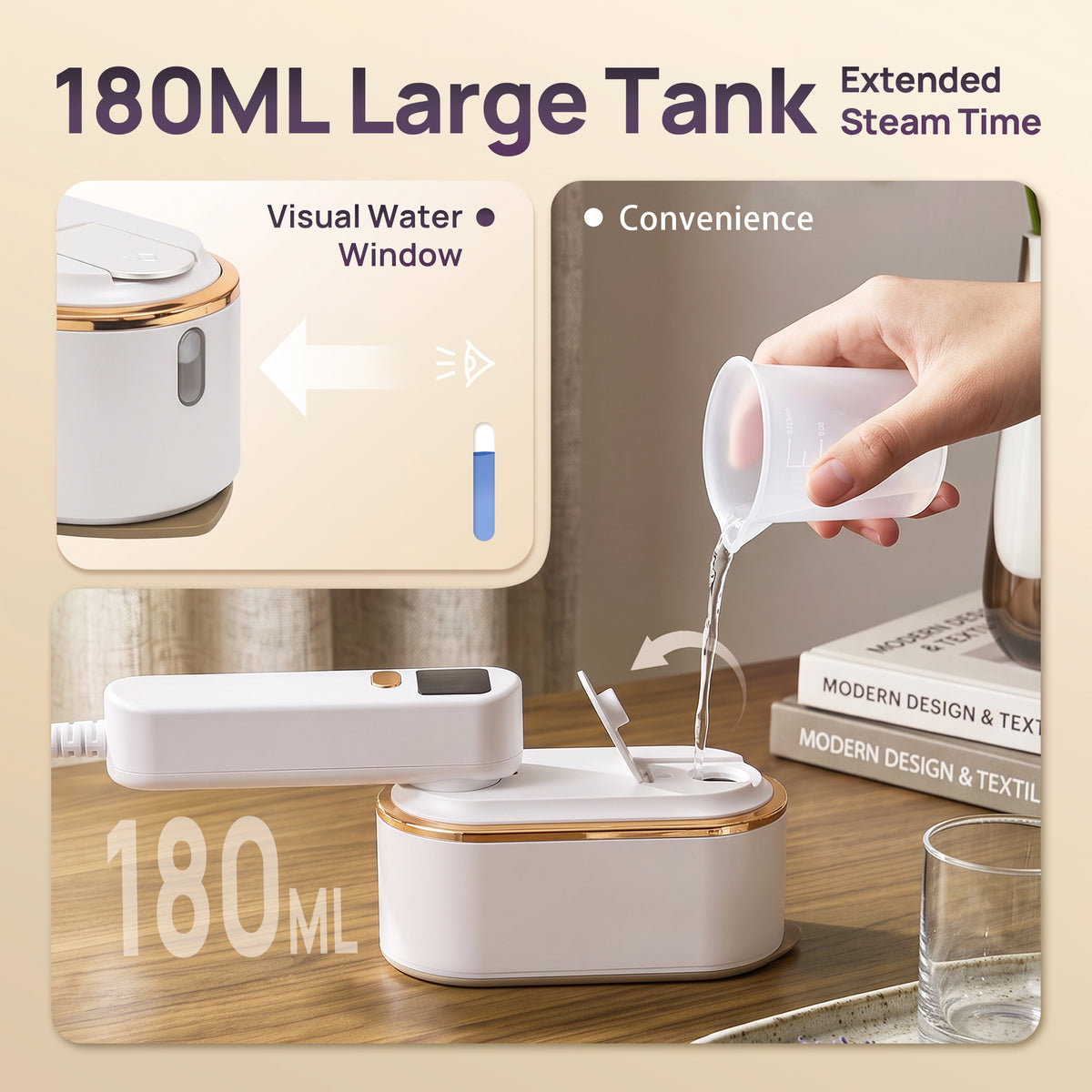 Venuezy Travel Steamer for Clothes, 2 in 1 Travel Steam Iron, Clothes Steamer Handheld with 180ml Water Tank, 20 Seconds Fast Heating, Quick Wrinkle Removal, LCD Display, Ceramic Heating Panel