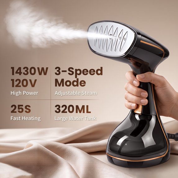 Clothes Steamer Handheld with Brush, 1430W Turbo Steam, 320ml Large Capacity Detachable Water Tank for Travel-Friendly, Clothes, Curtains & Fabrics, 3-Speed Steam Level for Home & Travel