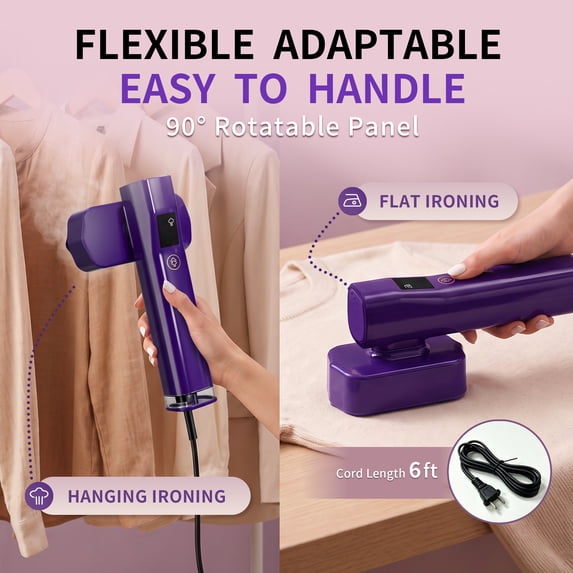 Handheld Clothes Steamer, 2-in-1 Portable Garment Steamer with 100ml Detachable Water Tank, Fast Heat-up, Travel & College Dorm Steamer for Clothes, Purple